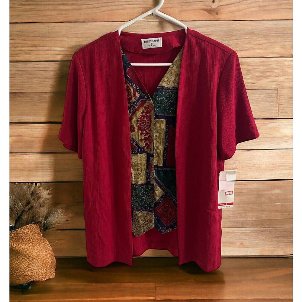 NWT Alfred Dunner Blouse Top W/ Attached Jacket Burgundy Red Button Down Size 8